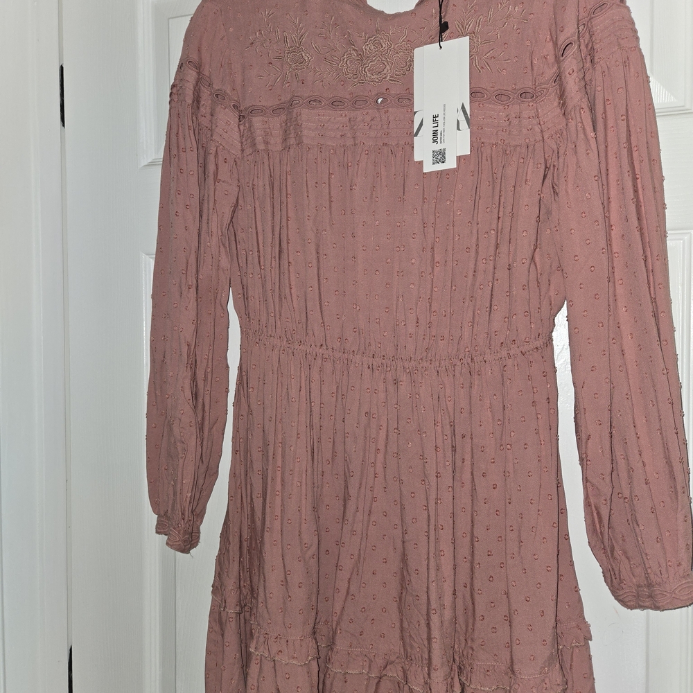 Zara Dusty Rose Long-Sleeve Smocked Waist Dress